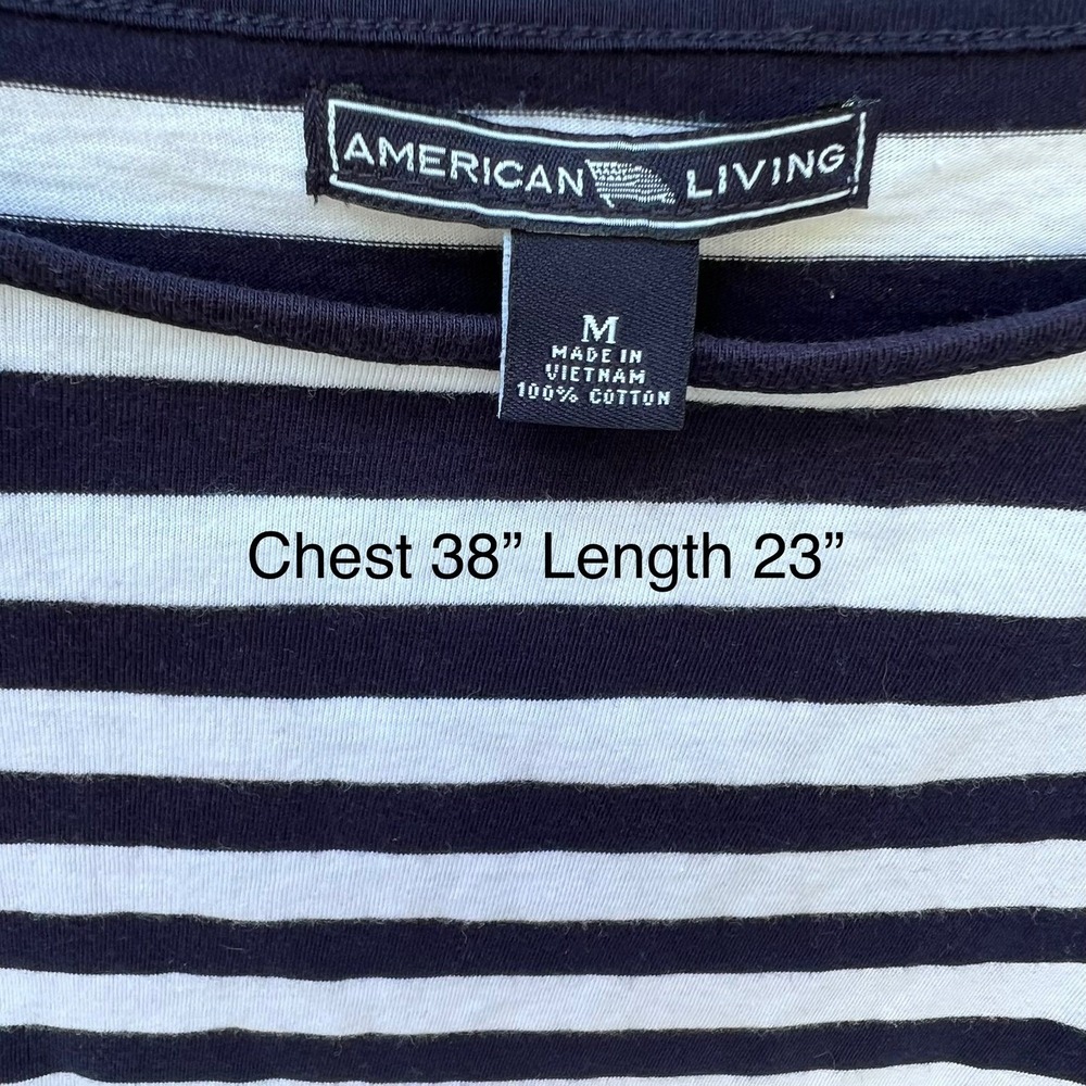 American Living Womens Navy White Striped Long Sleeve Cotton Top‎ Green Trim M - Picture 4 of 4